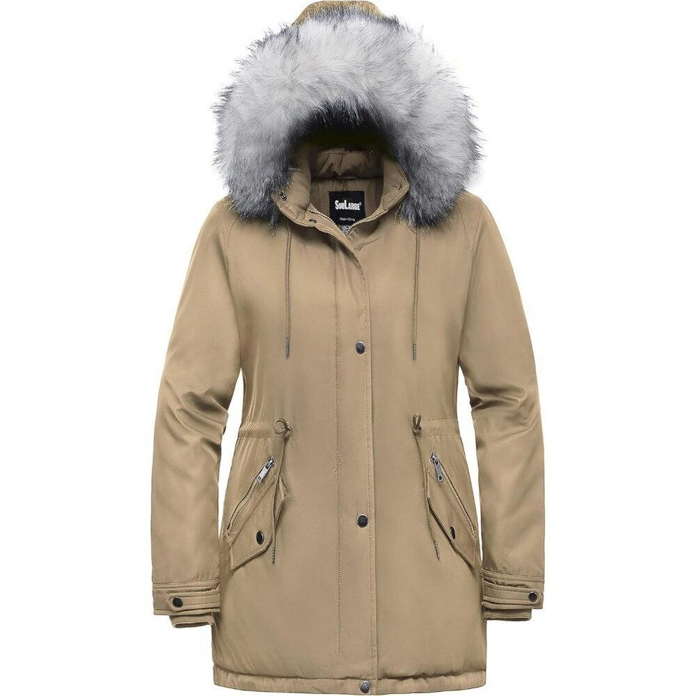 Women's Winter Khaki Faux Fur Hood Jacket Coat Zip Up Flap Pockets Designed